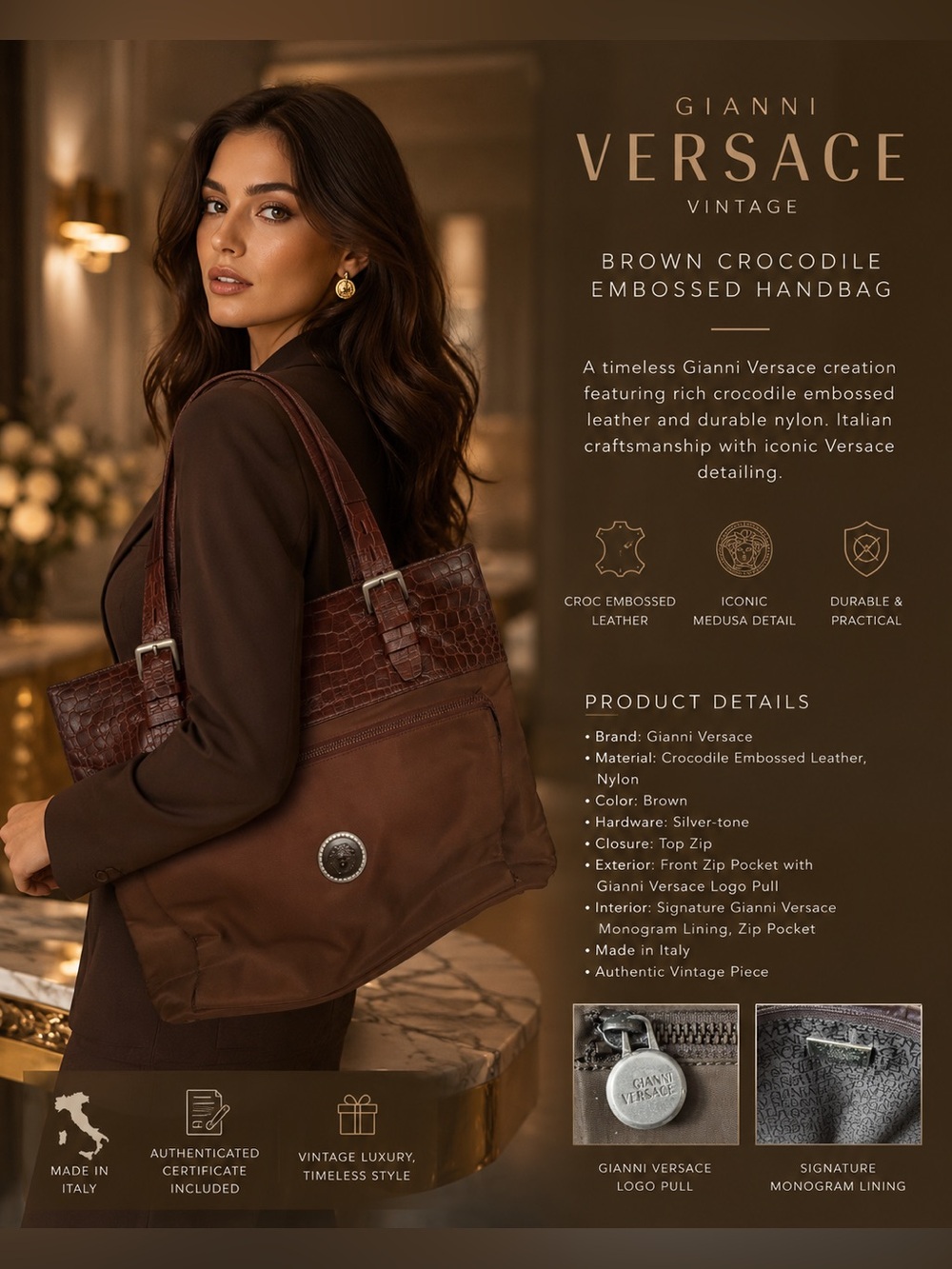 GIANNI VERSACE Vintage Brown Croc Embossed Tote Shoulder Bag Authentic